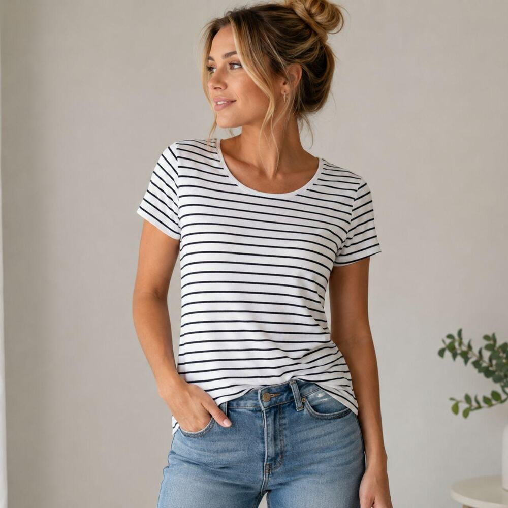 H & m Women’s White & Black Striped Short Sleeve Scoop Neck T-Shirt SIZE SMALL